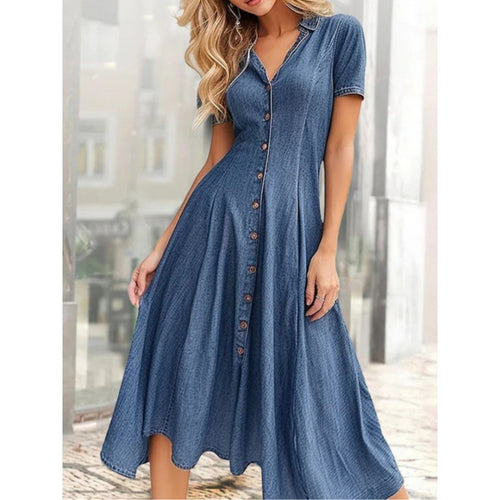 Femme Knopf-Down Denim Midi Kleid Drune