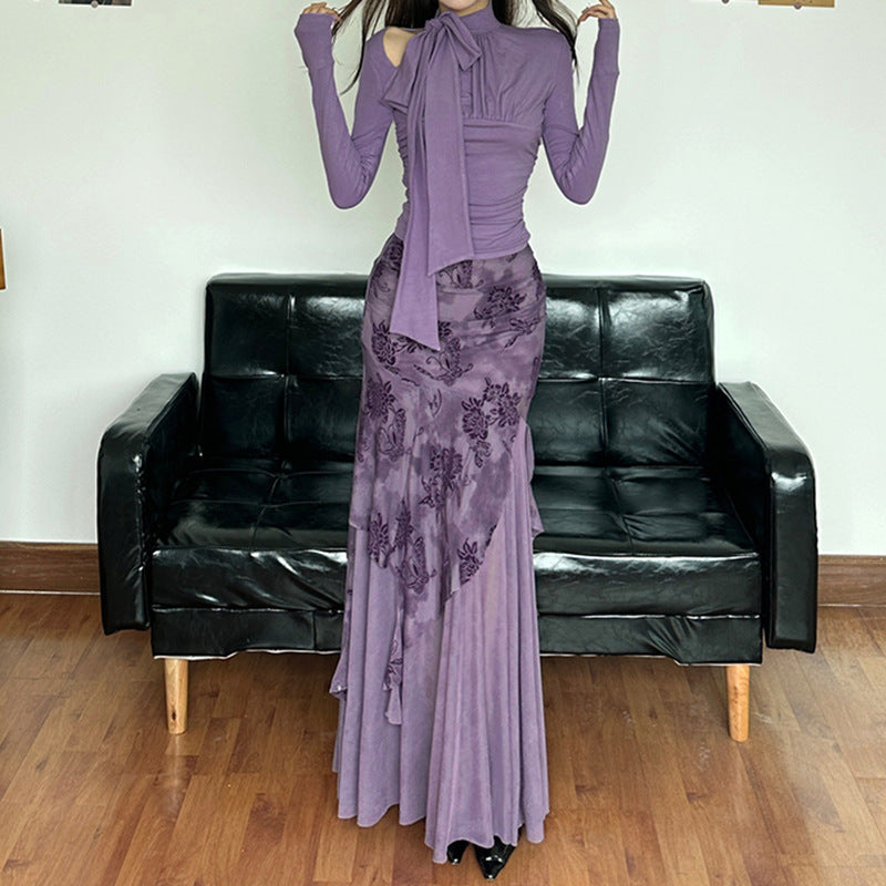 Damen eleganter asymmetrischer Maxirock mit floralen Verzierungen Drune