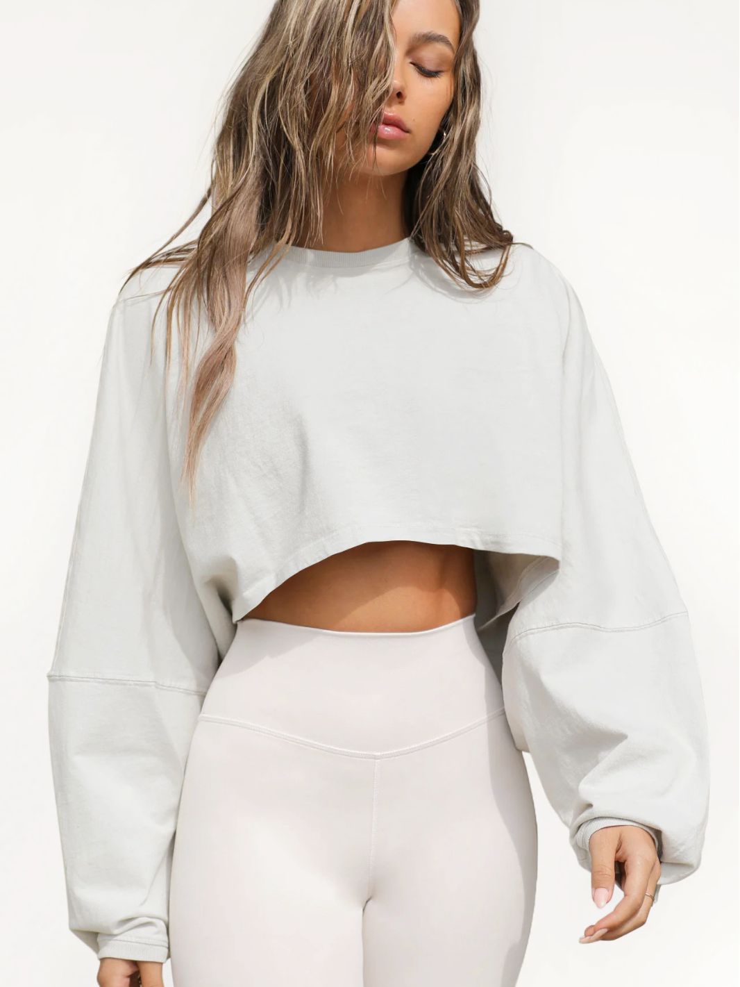 Damen lässiges Cropped Sweatshirt mit weitem Schnitt und Ballonärmeln Drune