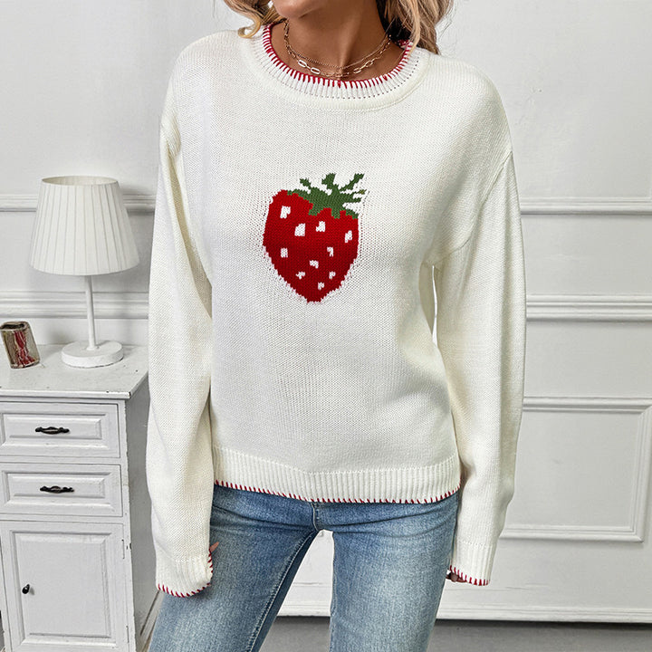 Damen Strickpullover mit fruchtigem Erdbeer-Motiv und lässigem Schnitt Drune