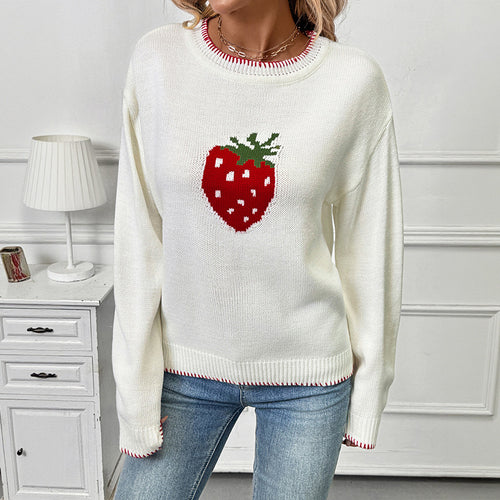 Damen Strickpullover mit fruchtigem Erdbeer-Motiv und lässigem Schnitt Drune