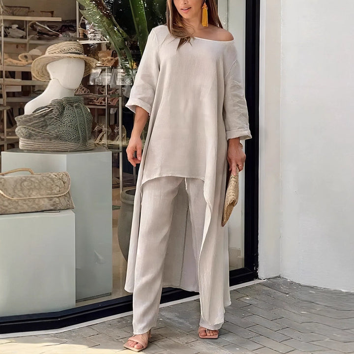 Damen nan weit geschnittenes Leinenzweiteiler Set mit asymmetrischer Tunika und lockeren Marlene-Hose Drune