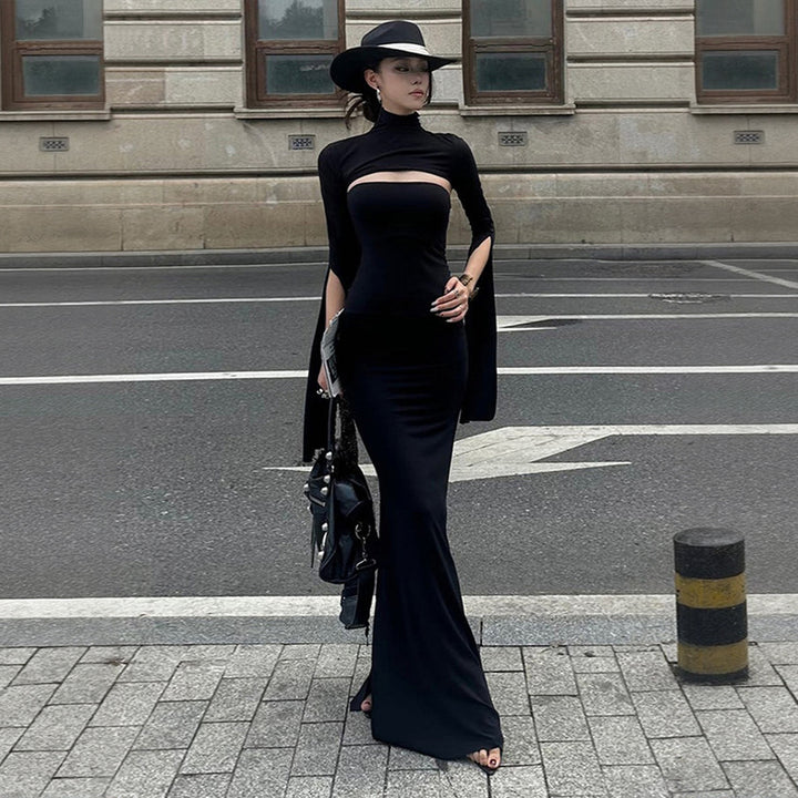 Damen Maxikleid mit asymmetrischem Cut-Out und eleganten Puffärmeln Drune