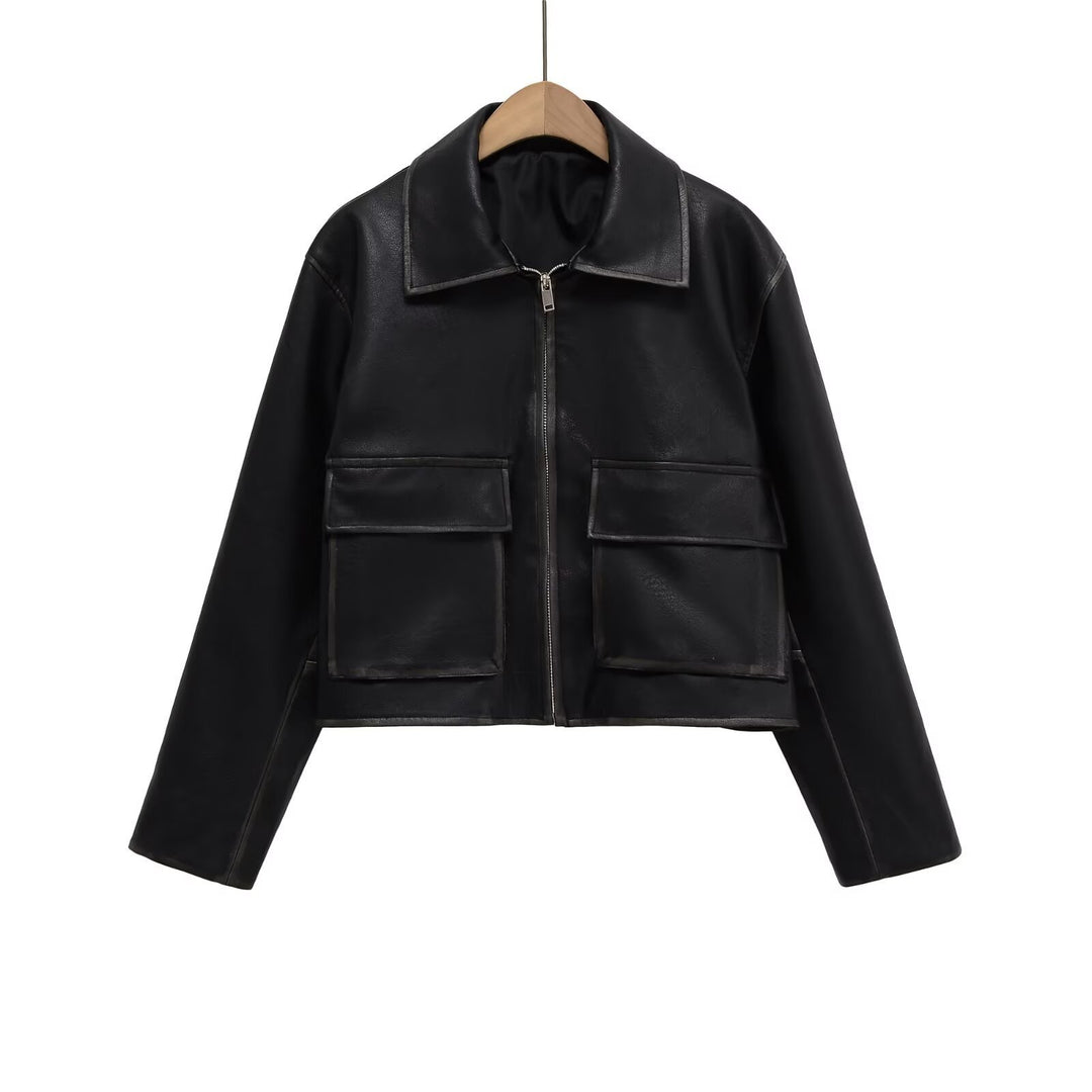 Damen Kurzgeschnittene Lederjacke mit Taschen Drune