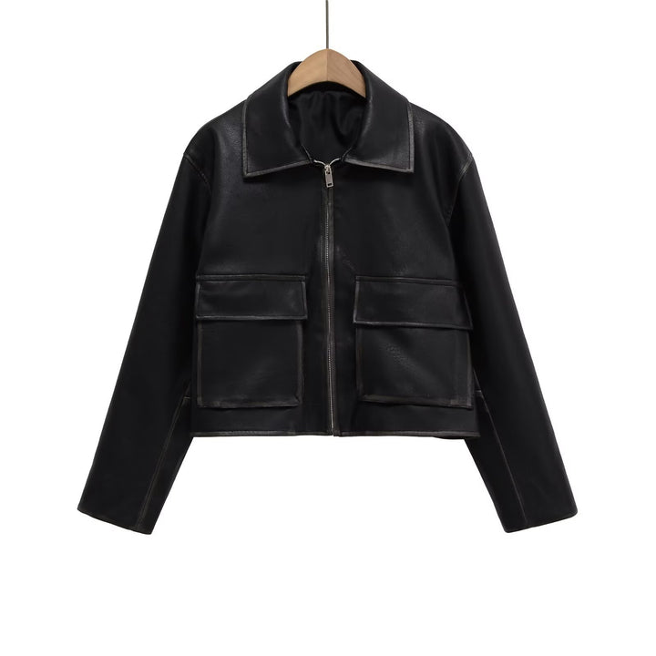 Damen Kurzgeschnittene Lederjacke mit Taschen Drune