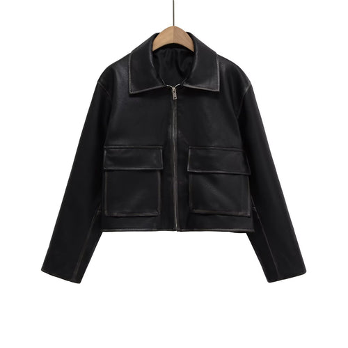 Damen Kurzgeschnittene Lederjacke mit Taschen Drune