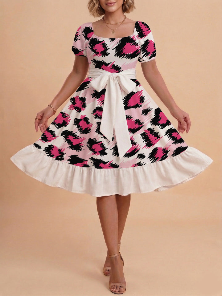 Damen Sommerliches Blumenkleid mit taillierbarem Gürtel und voluminösen Ärmeln Drune