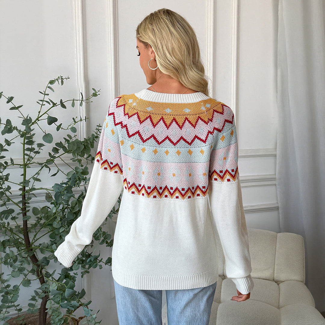 Damen modischer Pullover mit geometrischem Strickmuster und Rundhalsausschnitt Drune
