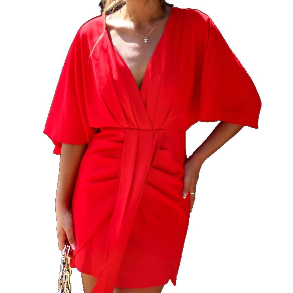 Damen elegantes Wickelkleid mit tiefem V-Ausschnitt und fließendem Stoff Drune