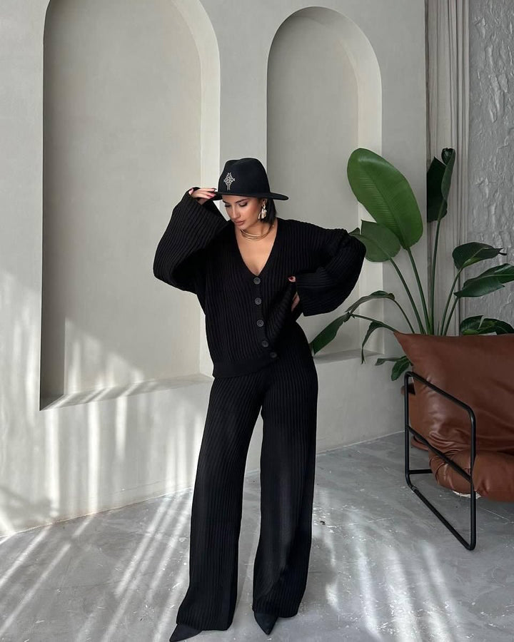 Damen lässiger Strickanzug mit weit geschnittenem Oberteil und bequemer Hose Drune