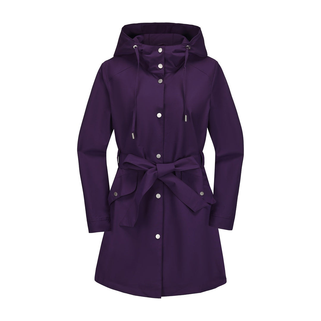 Damen wasserfeste Übergangsjacke mit verstellbarem Kapuzenkragen und Taillengürtel Drune