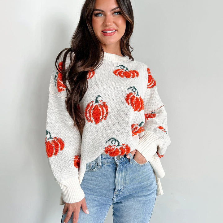Damen Großer Strickpullover mit Kürbis-Motiv Drune