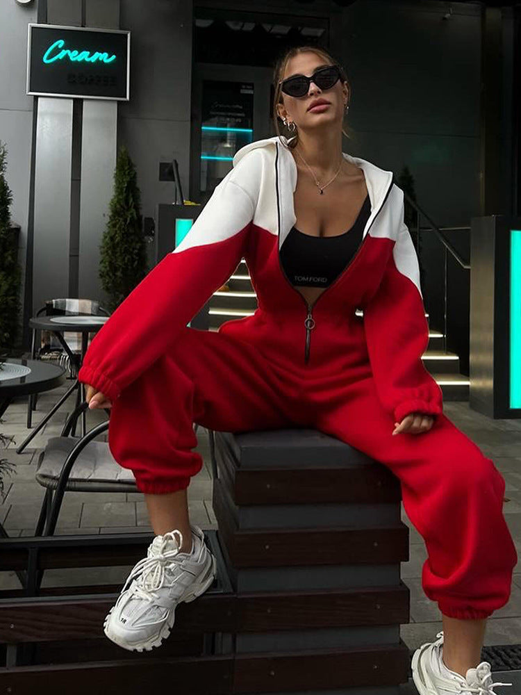 Damen nan zweiteiliges Crop-Zip-Hoodie und Highwaist Relaxhose mit weitem Bein Drune