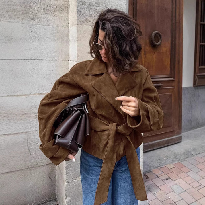 Damen Modische Suede-Blazerjacke mit tailliertem Design und Raffungen Drune