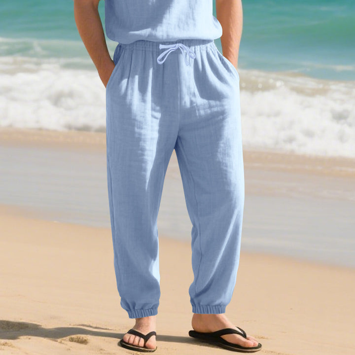 Herren nan leichte Leinenmix-Loungehose mit Tunnelzugbund, Seitentaschen und elastischen Beinabschlüssen Drune