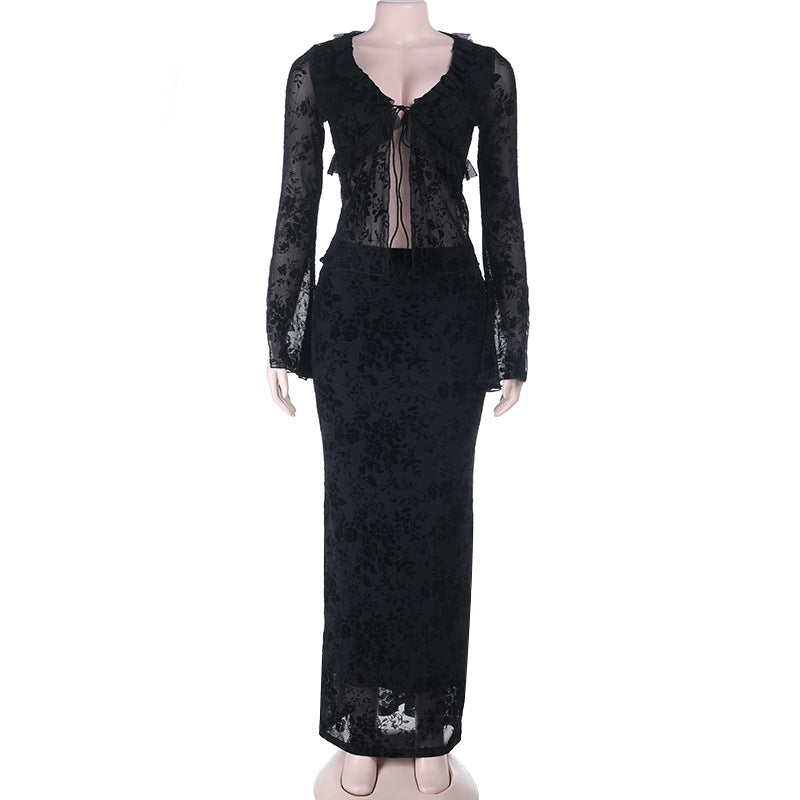 Damen Langarm Spitzenkleid mit Rüschendetails Drune