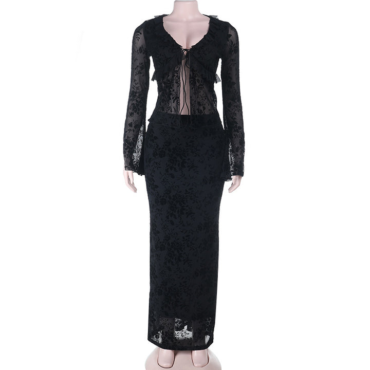Damen Langarm Spitzenkleid mit Rüschendetails Drune