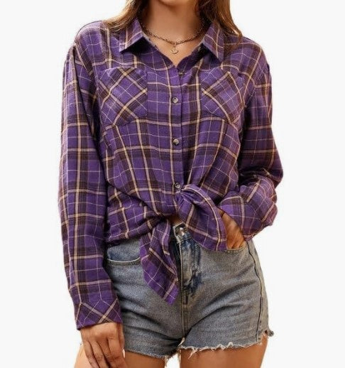 Damen karierte Flanellbluse mit Knoten-Detail Drune