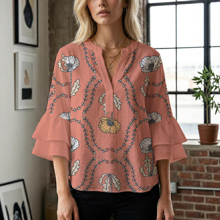 Damen Bluse mit voluminösen Rüschenärmeln und kreativem Floraldesign Drune