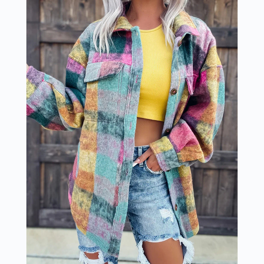 Damen Karo Oversize-Hemdjacke aus weichem Wollmaterial mit praktischen Taschen Drune