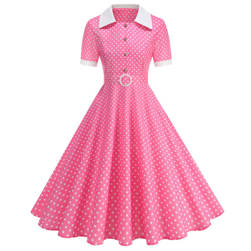 Damen Vintage Polka-Dot Kleid mit Schößchen und Kragen Drune