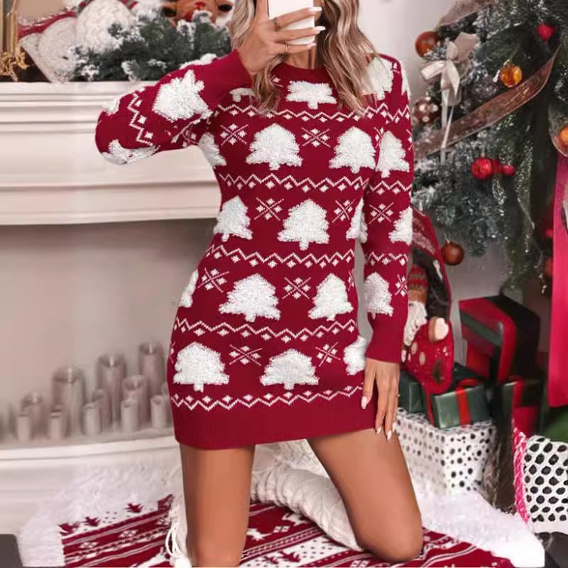 Damen Winterliches Strickkleid mit festlichem Tannenbaum-Muster Drune