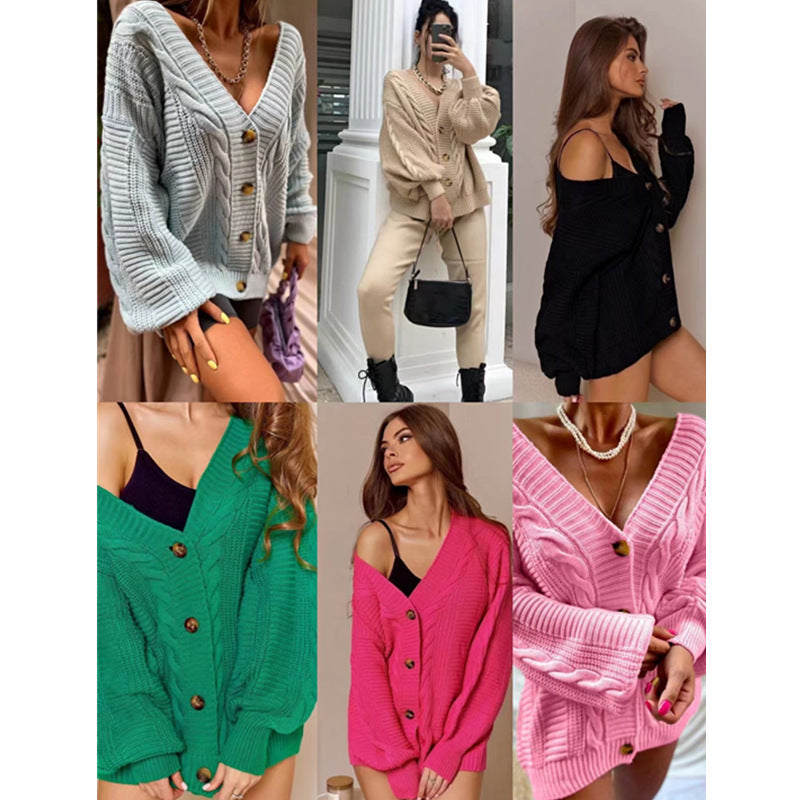 Damen Grobstrick-Cardigan mit großen Knöpfen und voluminösen Ärmeln Drune