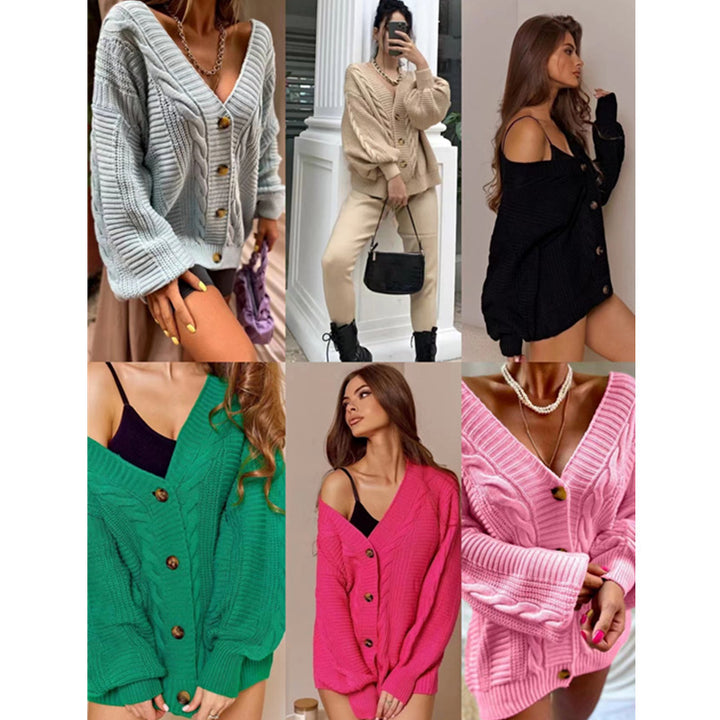 Damen Grobstrick-Cardigan mit großen Knöpfen und voluminösen Ärmeln Drune