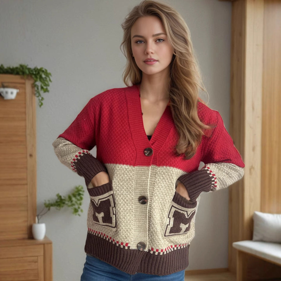 Damen Strickjacke mit dekorativen Taschen und modernem Farbblockdesign Drune