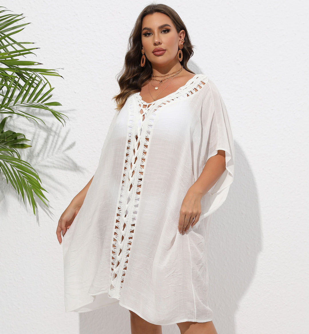 Damen Luftiger Strandkimono mit dekorativer Häkelspitze Drune