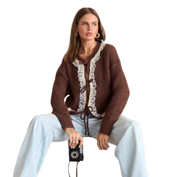 Damen eleganter Strickcardigan mit feinem Spitzen-Detail Drune