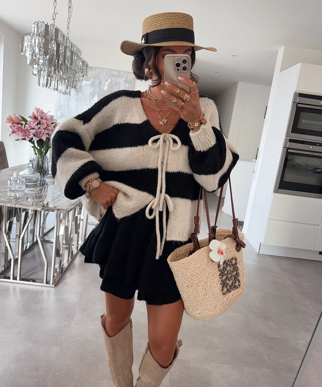 Damen lockere Strickjacke mit breiten Streifen und Bindegürtel Drune