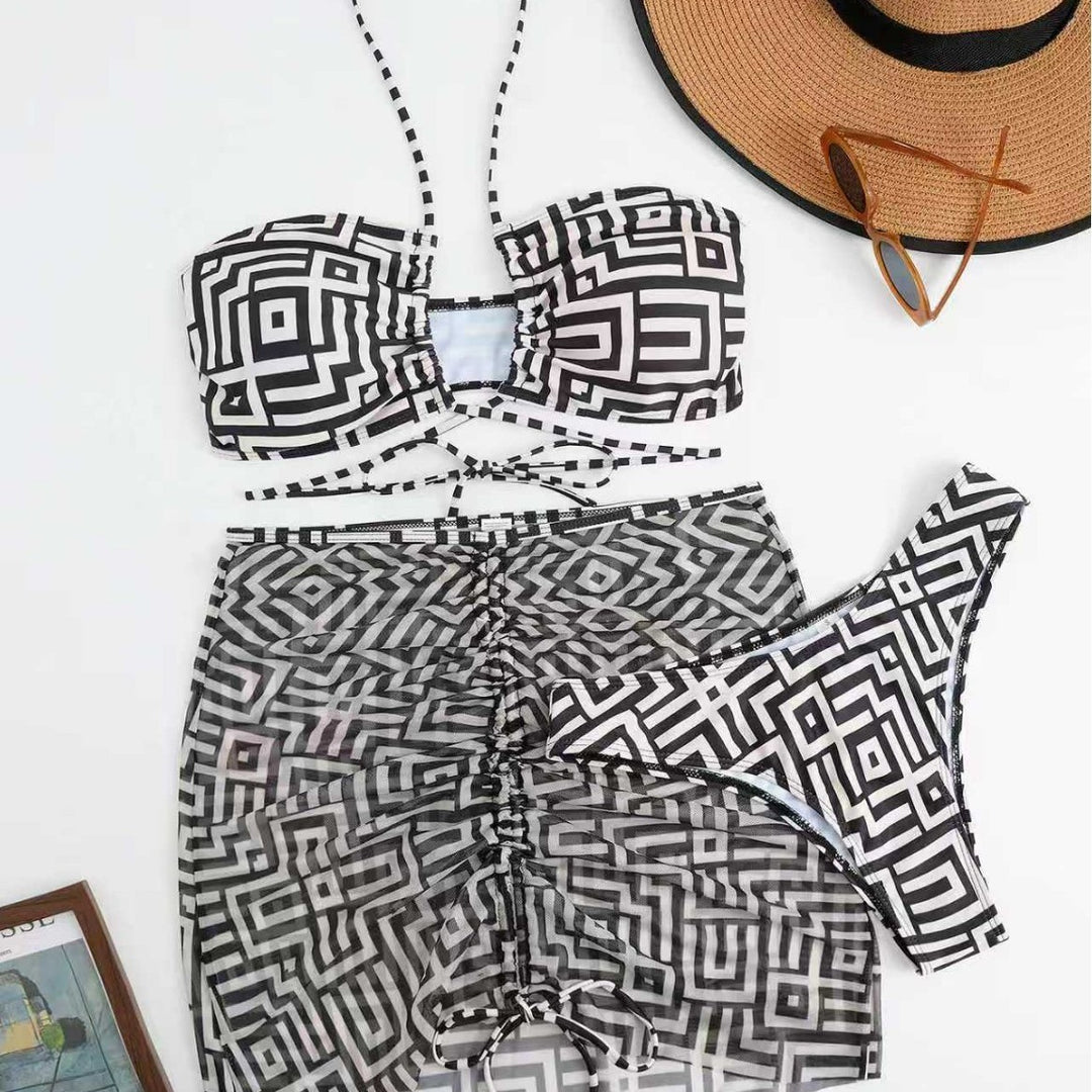 Damen Stylisches Bikini-Set mit Rüschen und bindbarem Überrock Drune