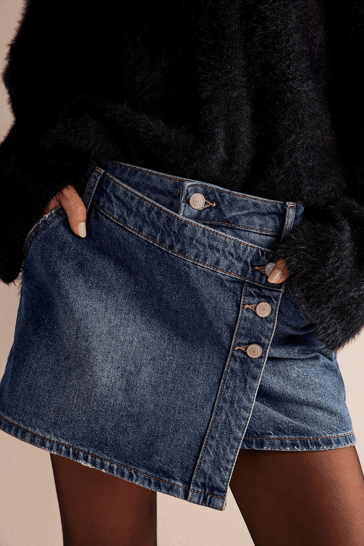 Damen modischer A-Linien-Denimrock mit asymmetrischem Knopfdesign und praktischen Taschen Drune