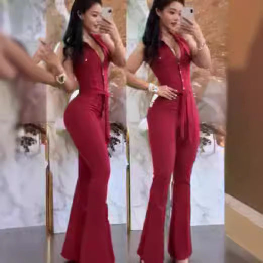 Damen Eleganter Flared Jumpsuit mit Knopfdetails Drune