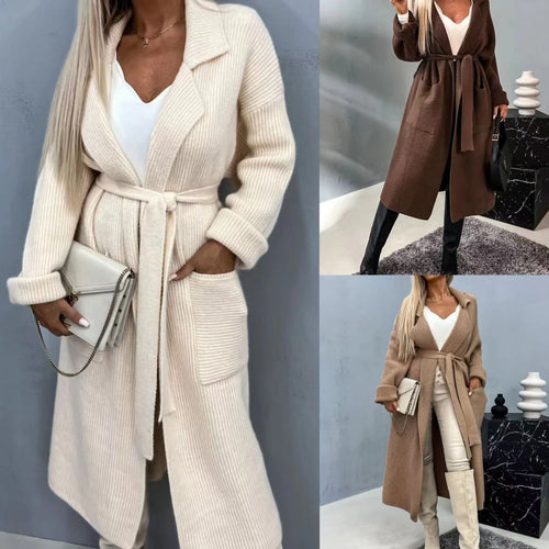 Damen Langstrickjacke mit praktischen Taschen und modischem Gürtel Drune
