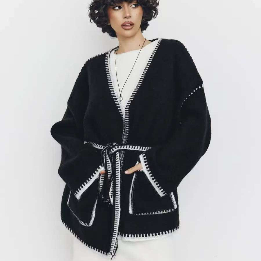Damen gemütlicher Strickcardigan mit tiefem V-Ausschnitt und praktischen Taschen Drune