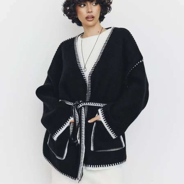 Damen gemütlicher Strickcardigan mit tiefem V-Ausschnitt und praktischen Taschen Drune