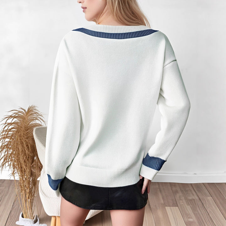 Damen eleganter V-Ausschnitt Pullover mit kontrastierenden Rippdetails Drune