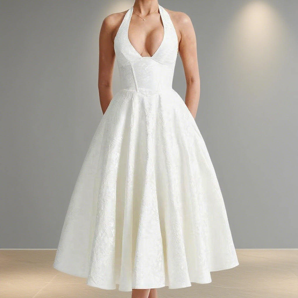 Damen Elegantes Hochzeitskleid mit schwingendem Rock und tiefem V-Ausschnitt Drune