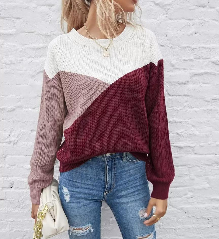 Damen Gemusterter Strickpullover mit modernem Farbblockdesign Drune
