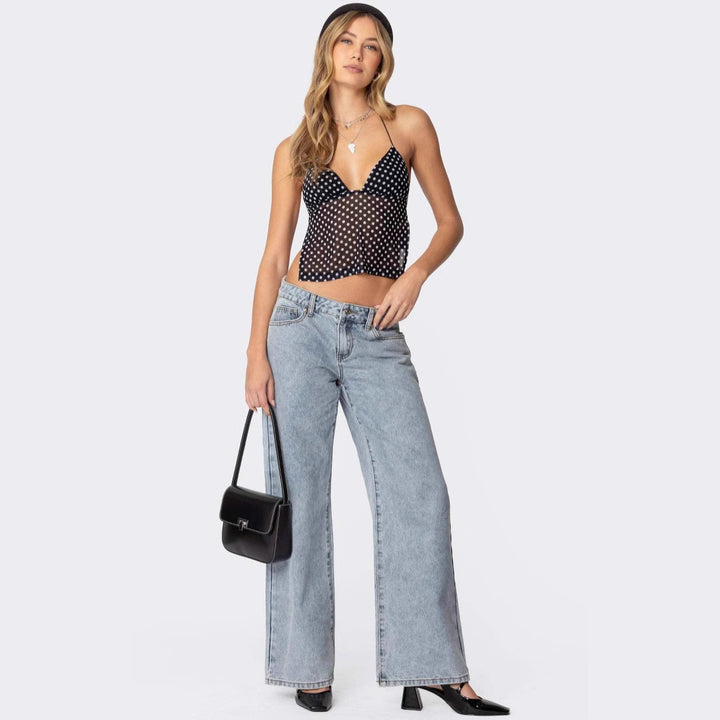 Damen Transparente Bluse mit Punktmuster und dehnten Trägern Drune