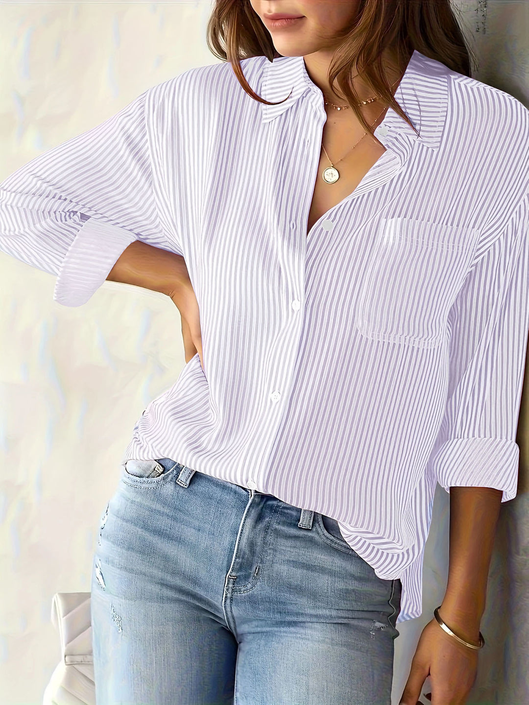 Damen Langarm Bluse mit feinen Streifen und Brusttasche Drune
