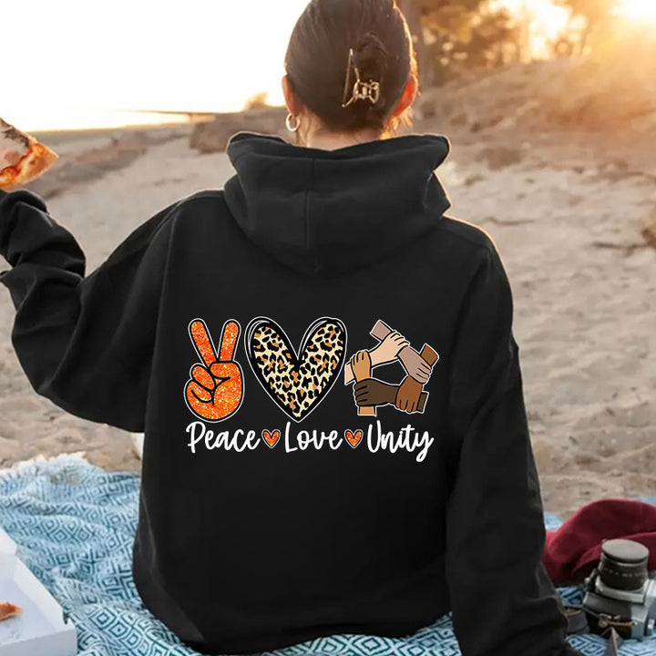 Damen Kapuzenpullover mit hochwertigem Peace-Love-Unity-Design Drune