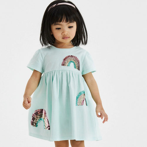 Mädchen Kurzarm-T-Shirt Kleid mit buntem Glitzer-Regenbogen Design Drune