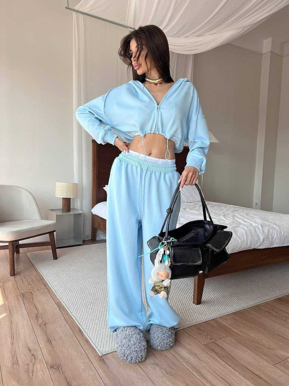 Damen cropped Hoodie und entspannte Sweatpants Set Drune