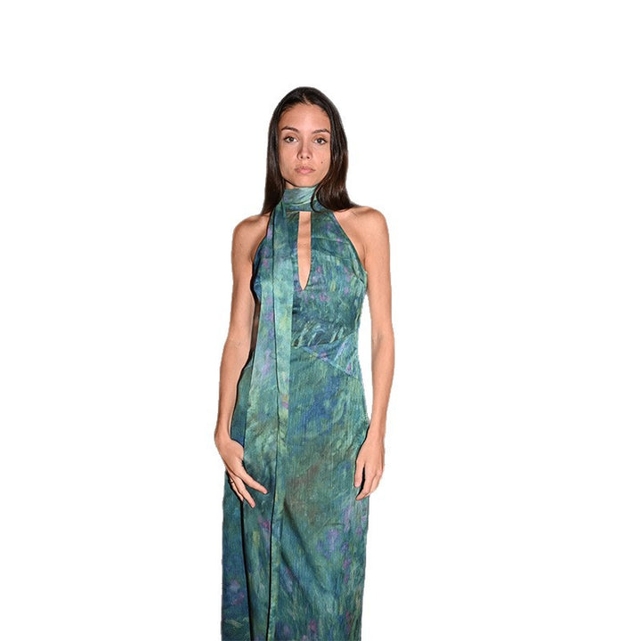 Damen elegantes Maxikleid mit raffiniertem Chiffon-Einsatz und hohem Kragen Drune