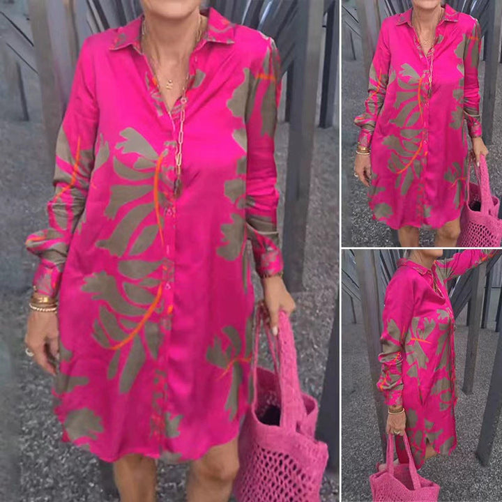 Damen nan kurzes Tunika-Hemdkleid in Satinoptik mit großflächigem Blattprint, Hemdkragen und lockerer A-Linie Drune