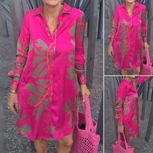Damen nan kurzes Tunika-Hemdkleid in Satinoptik mit großflächigem Blattprint, Hemdkragen und lockerer A-Linie Drune
