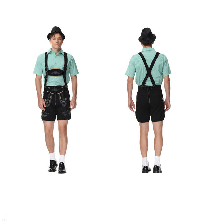 Herren nan moderne kurze Trachtenlederhose mit Kreuzträgern, dekorativer Stickerei und funktionalen Taschen Drune